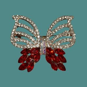 Vibrant Red and Clear Butterfly Brooch
